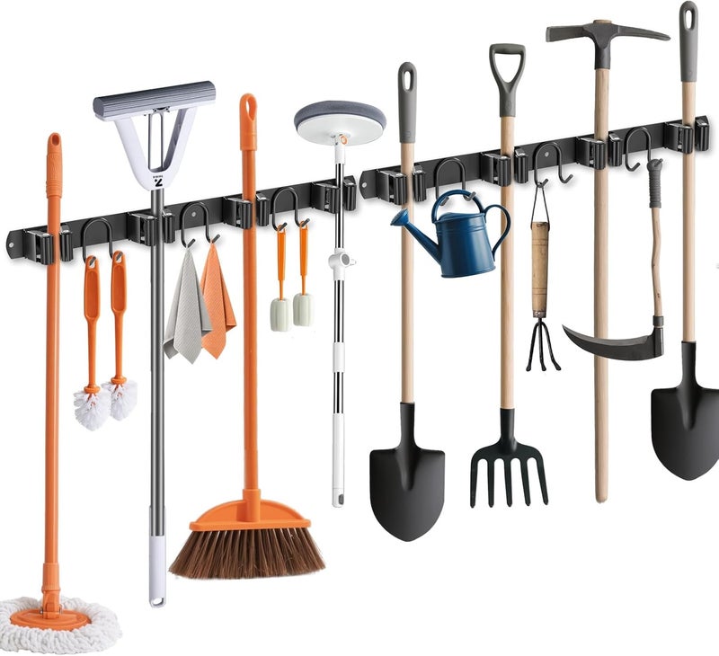 GUUKAR Broom Holder Wall Mount, 2 Packs Black Stainless Steel Tool Storage Organizer for Kitchen Garden Garage Laundry Room Bathroom and RV with 4 Slots 6 Hooks - Image 1